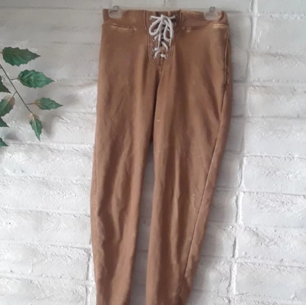 Beige acid wash lace up joggers